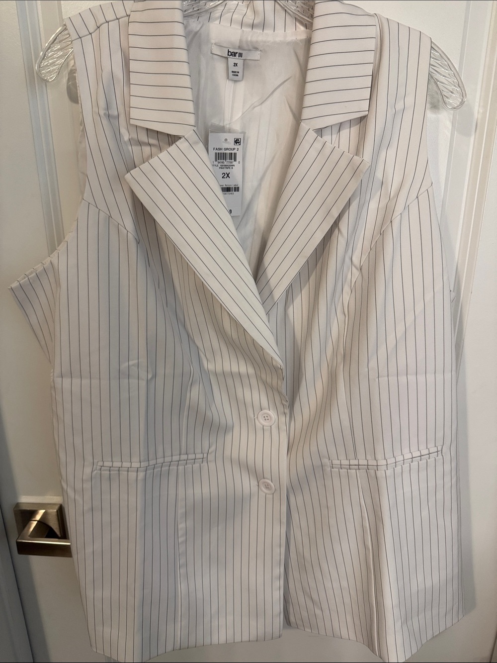 Bar III White Pinstripe Button-Down Sleeveless Blazer